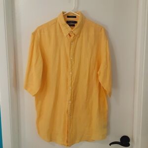 💥Sale💥 Daniel Cremieux Mens Large Yellow Italian Linen Short Sleeve Button Up